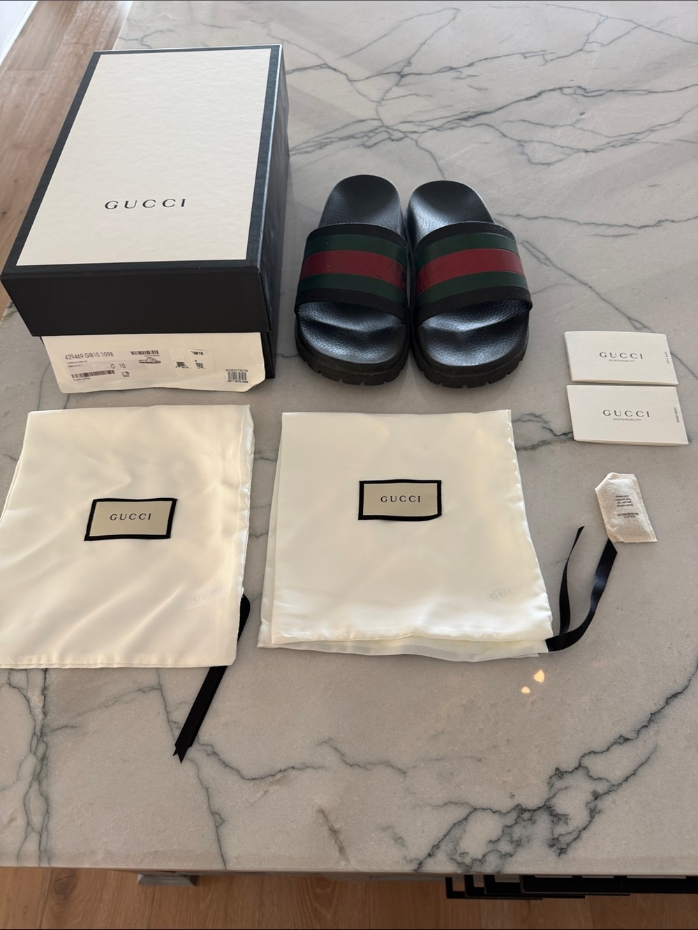 Gucci Black Slides with Green and Red Web Stripe